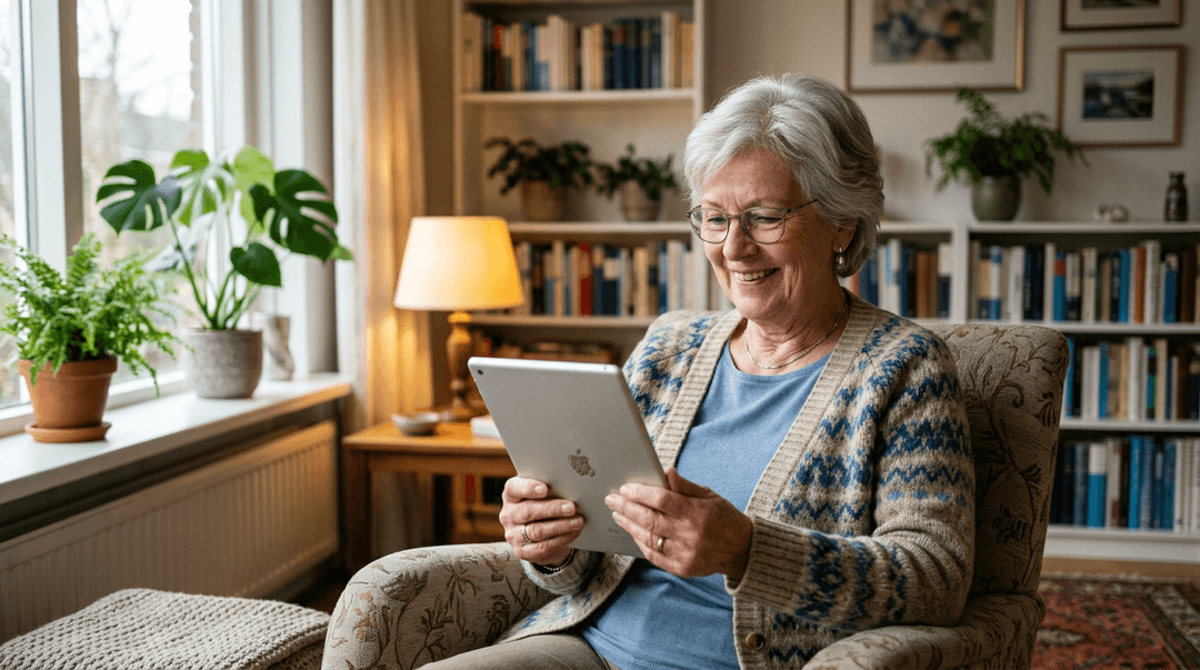 Senior vrouw gebruikt tablet thuis