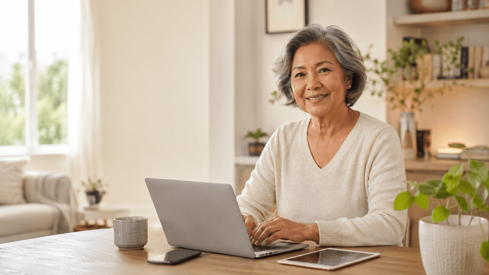 Senior vrouw gebruikt laptop thuis